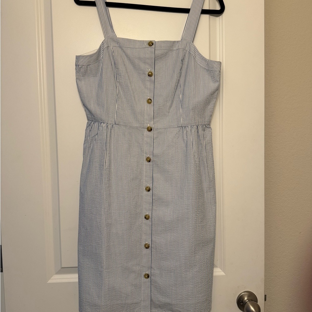 J. Crew Blue and White Sleeveless Buttoned Midi Sundress
